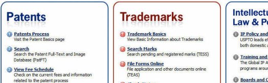 US Patent Office home page image of uspto.gov home page